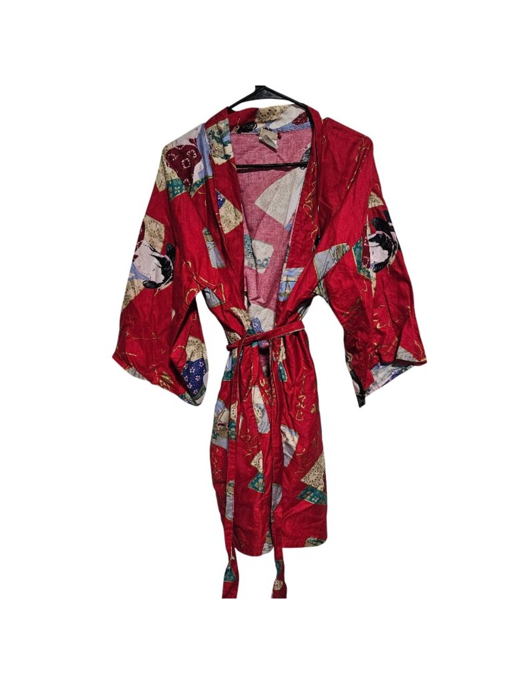 Vintage Japanese Kimono Robe Red Geisha Print Belted Wearable Art Made In Japan